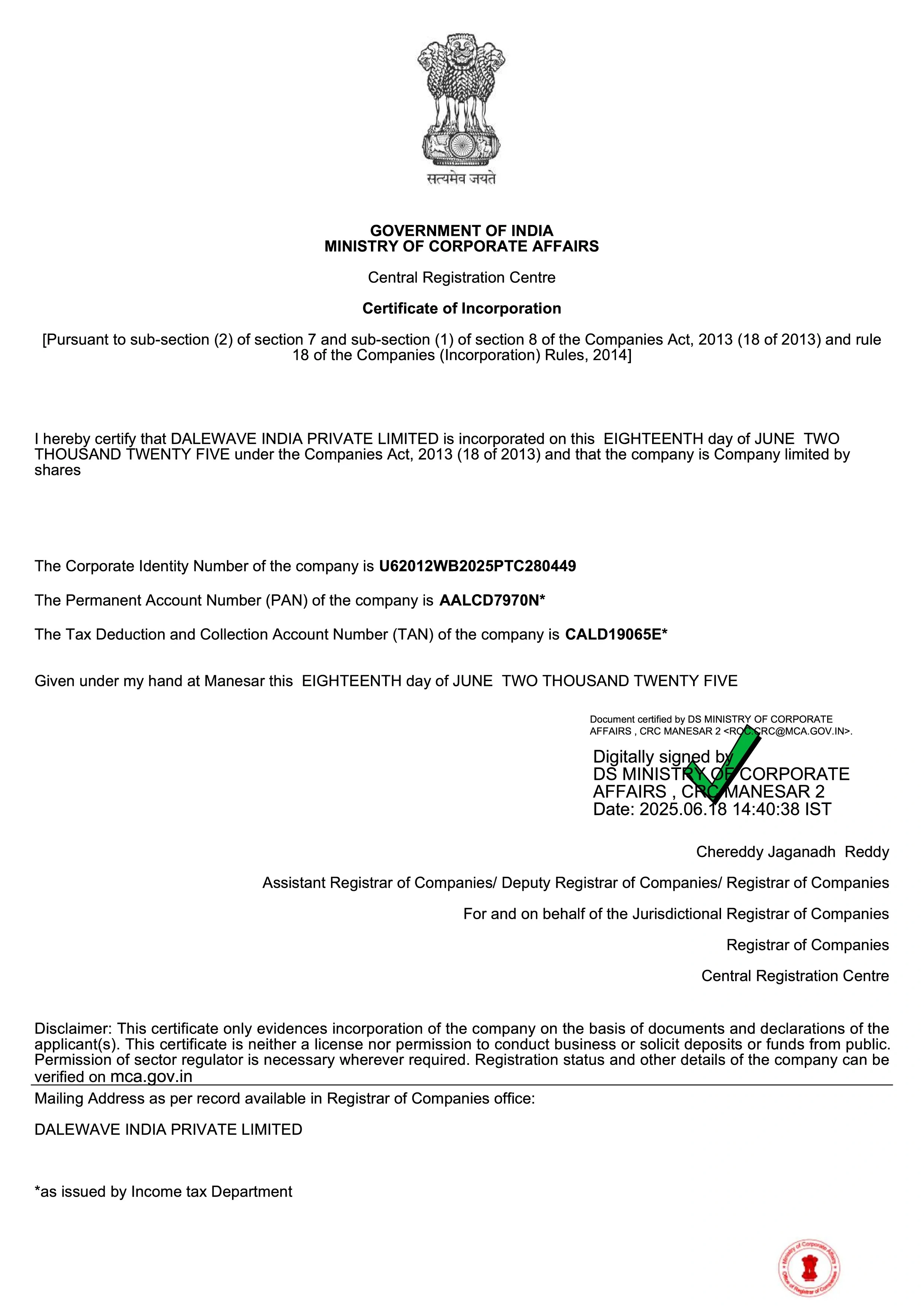 MCA CERTIFICATE DALEWAVE